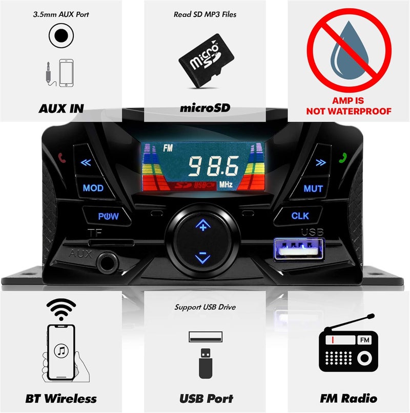 GoHawk Motorcycle Speakers Bluetooth, Waterproof Speakers and Amplifier Audio Sound System, Weatherproof, FM Radio, Volume Control, ATV UTV w/AUX in, USB, Micro SD - Image 2
